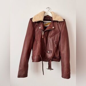 Schott NYC Brown Leather Jacket with Cream Collar